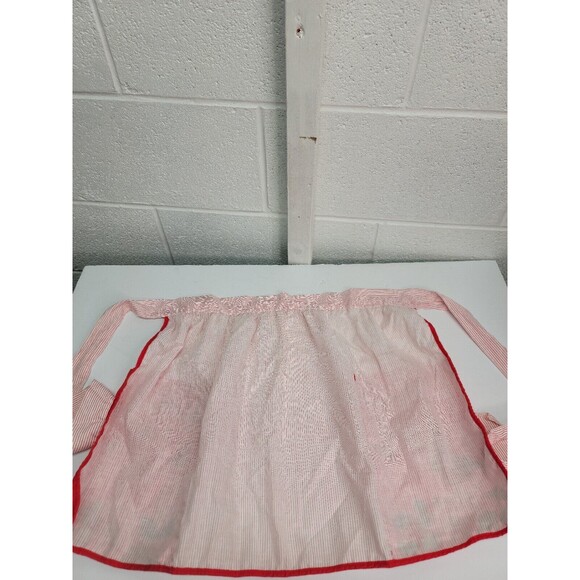 Happy Holiday Half Apron With Two Pockets Red Stripes Handmade Vintage - Picture 5 of 6